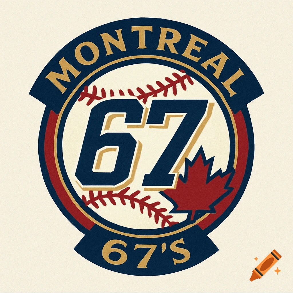 A circular baseball team logo for the Montreal 67's, featuring blue and gold text, a red maple leaf, and baseball seams.