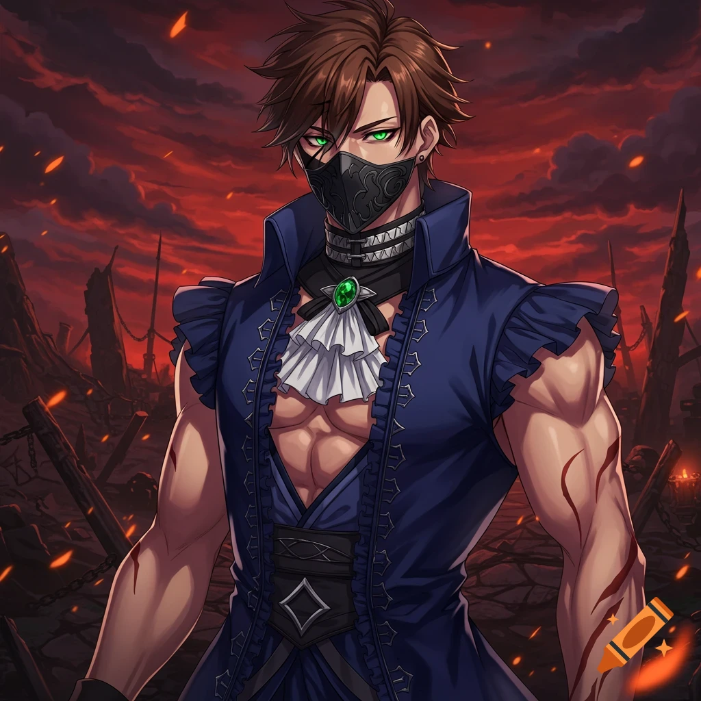 Anime-style buff male in ornate mask and ruffled blue gothic dress with green eyes, standing in desolate, fiery landscape.