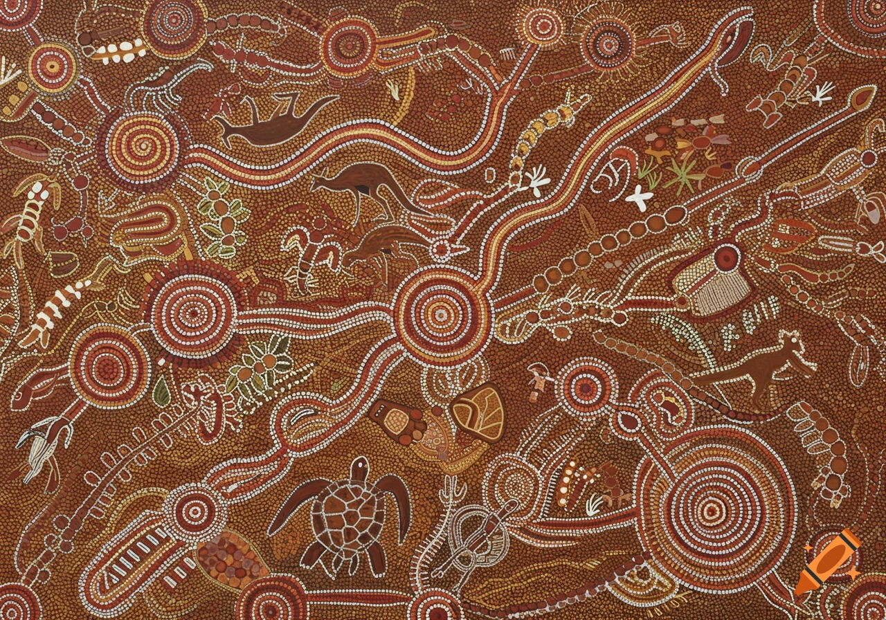 A vibrant Aboriginal dot painting featuring kangaroos, turtles, and symbolic pathways in earthy red, brown, and white tones.