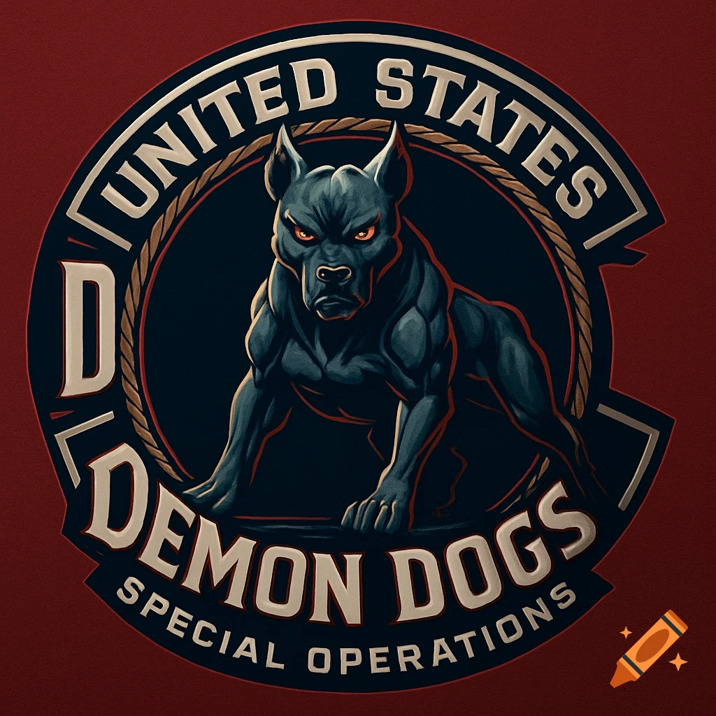 A stylized dark gray dog with glowing red eyes in a circular emblem. The text reads "UNITED STATES DEMON DOGS SPECIAL OPERATIONS".