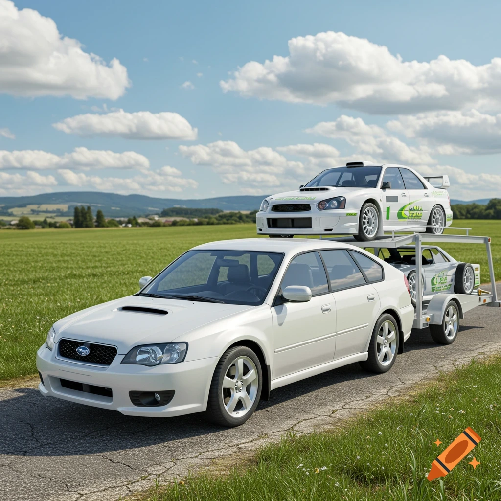 White Subaru Legacy towing a trailer with a white Subaru Impreza rally car on a country road under a cloudy sky.