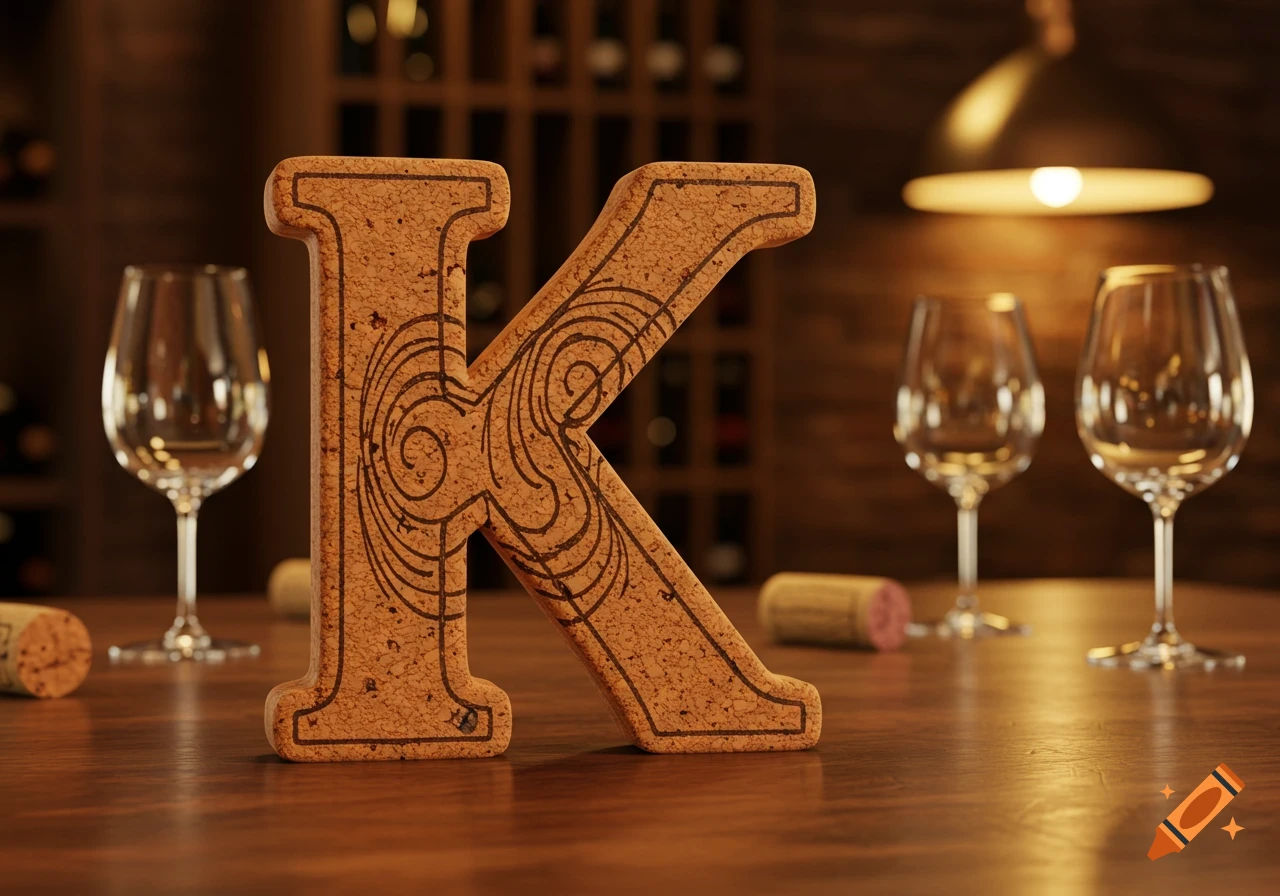 A large letter K made of cork stands on a wooden table in a wine cellar, surrounded by wine glasses. Photorealistic.