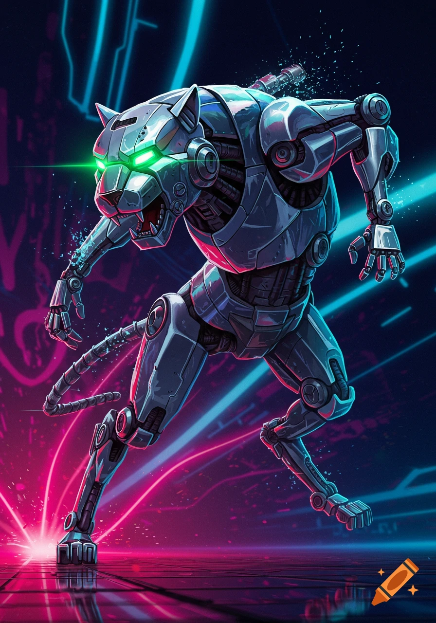 A bold, cartoon-style robot panther with glowing green eyes, made of metallic shapes, leaping against a dark background with neon pink and blue lights.