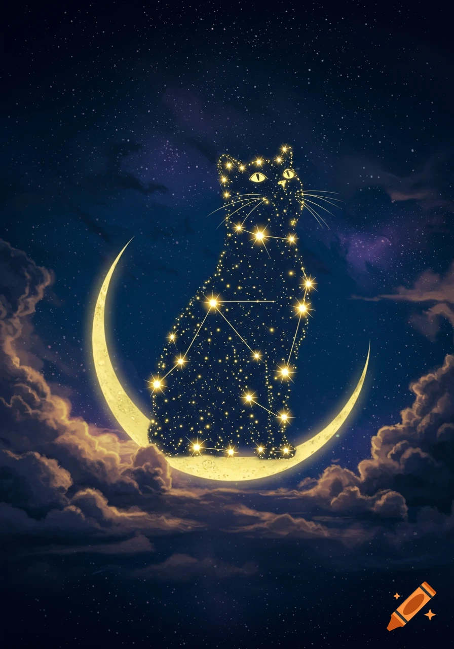 A black cat constellation made of golden stars sits on a yellow crescent moon among dark clouds in a starry night sky.
