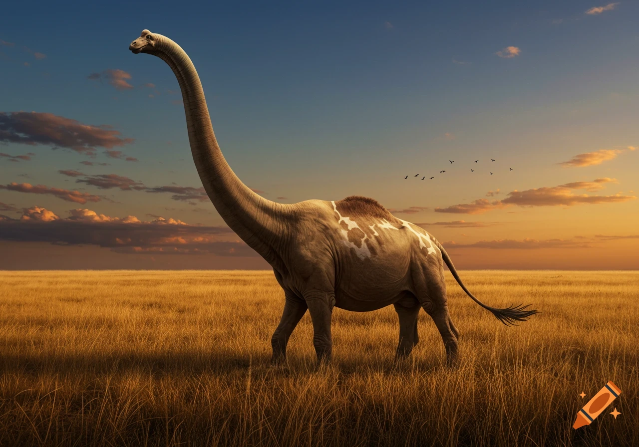 A Brontosaurus-camel-cow hybrid with a long neck and a camel hump walks through a golden savanna field at sunset.