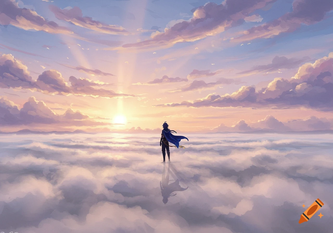 A cloaked figure stands on a vast sea of clouds, facing a radiant sunset or sunrise in a painterly anime style.