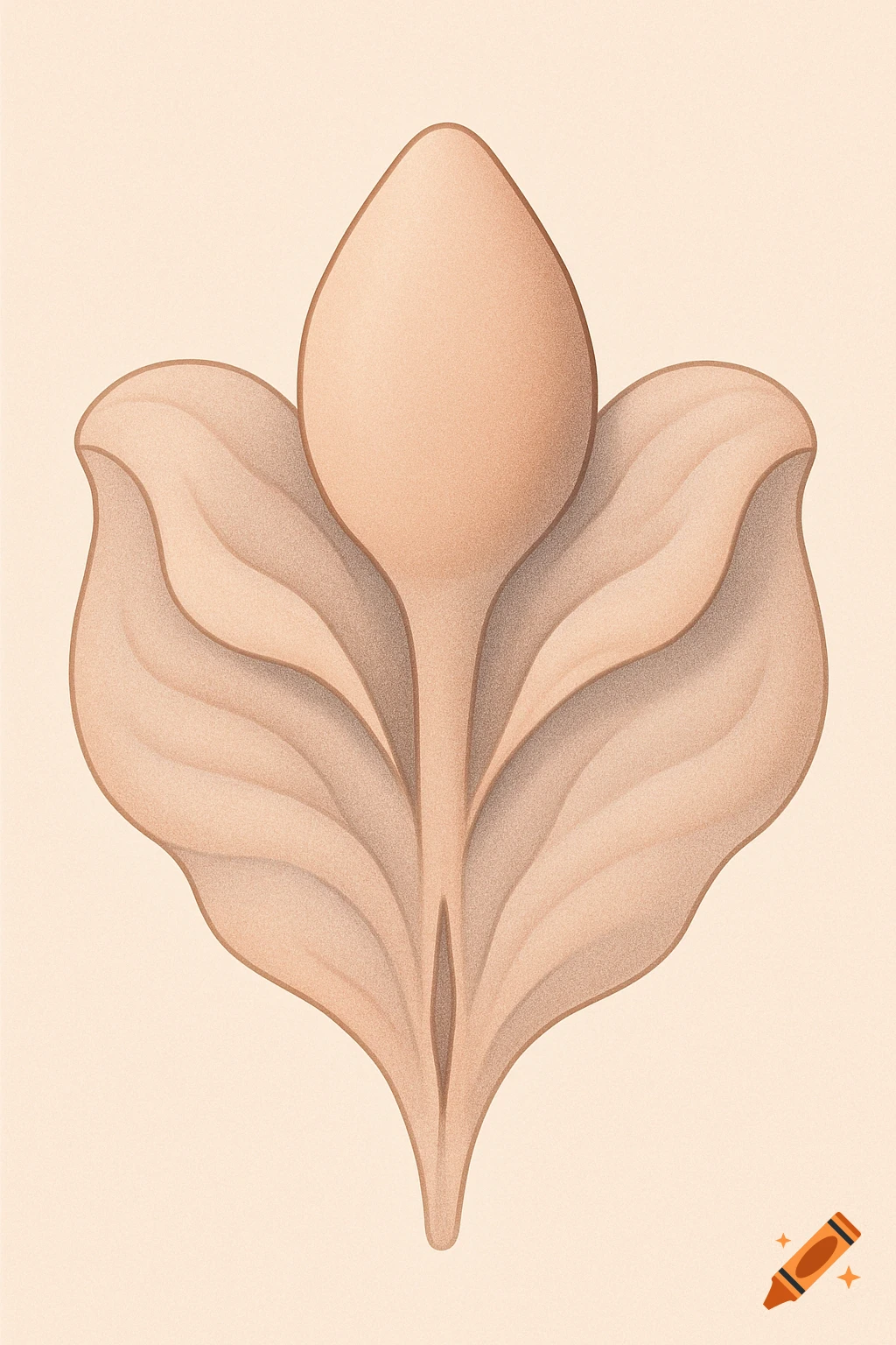 A stylized abstract illustration in light brown and cream, featuring a central pointed shape flanked by symmetrical, wavy, folded elements, resembling a decorative flower.