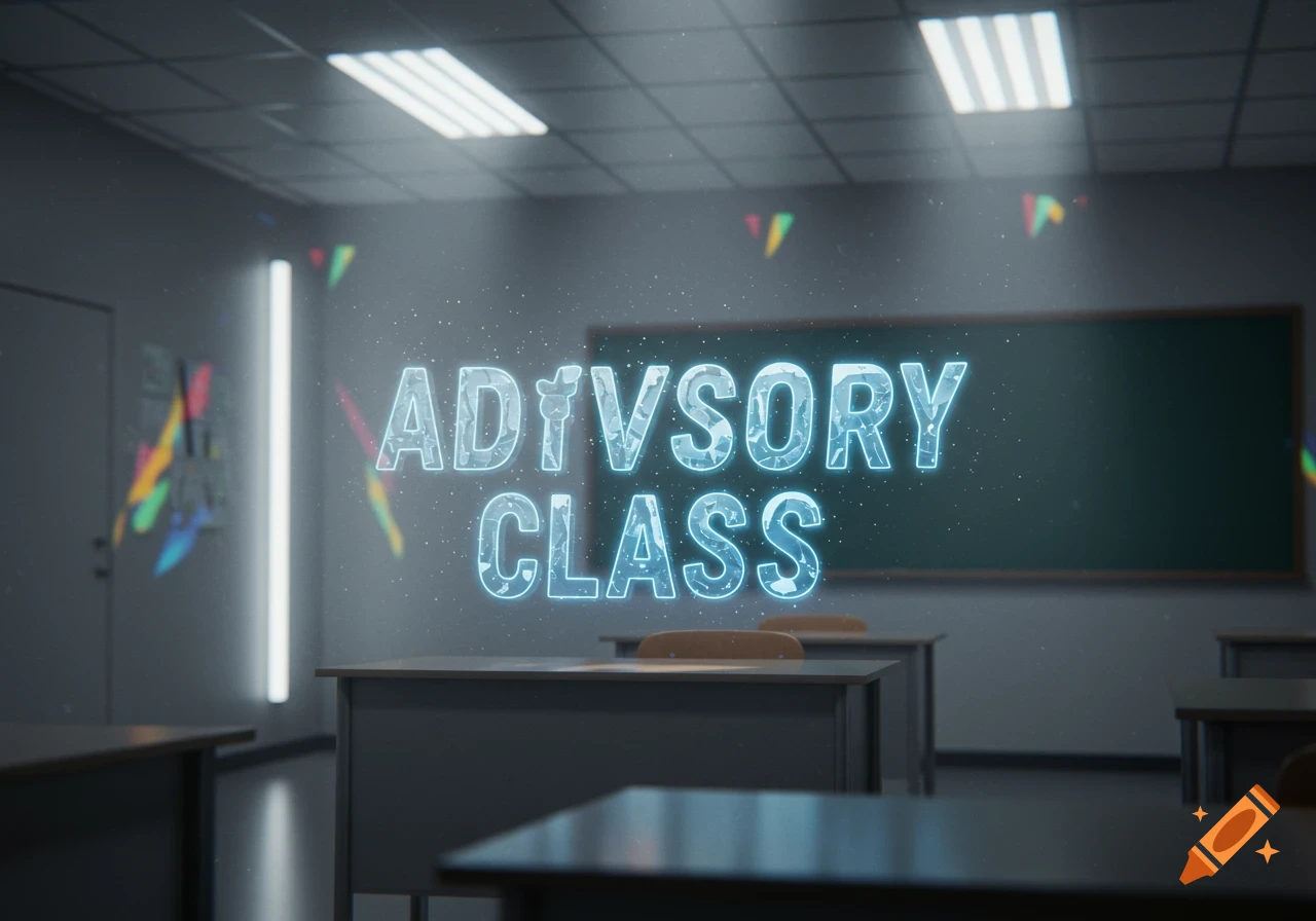 Holographic blue text 'ADVISORY CLASS' floats in an empty, futuristic classroom with desks and a blackboard.