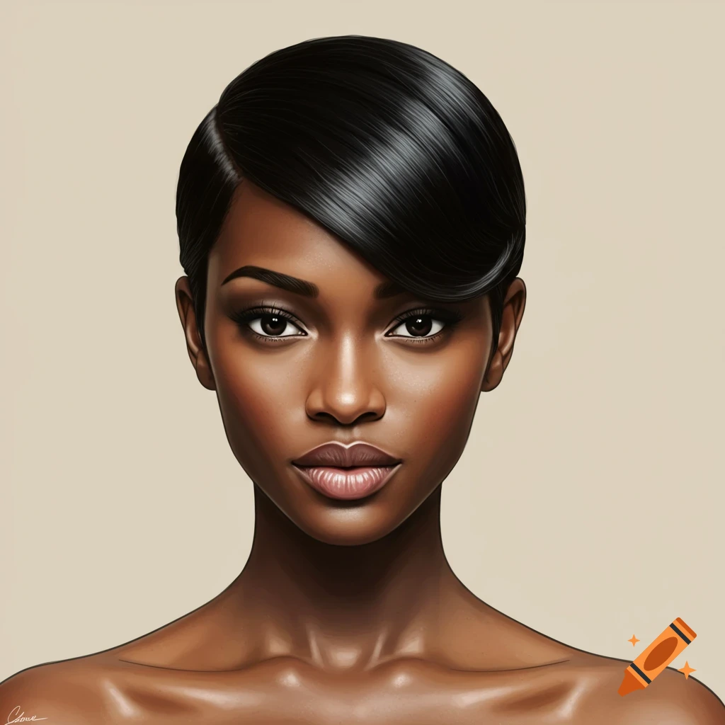 A photorealistic portrait of a woman with dark skin and short black hair, looking directly at the viewer.