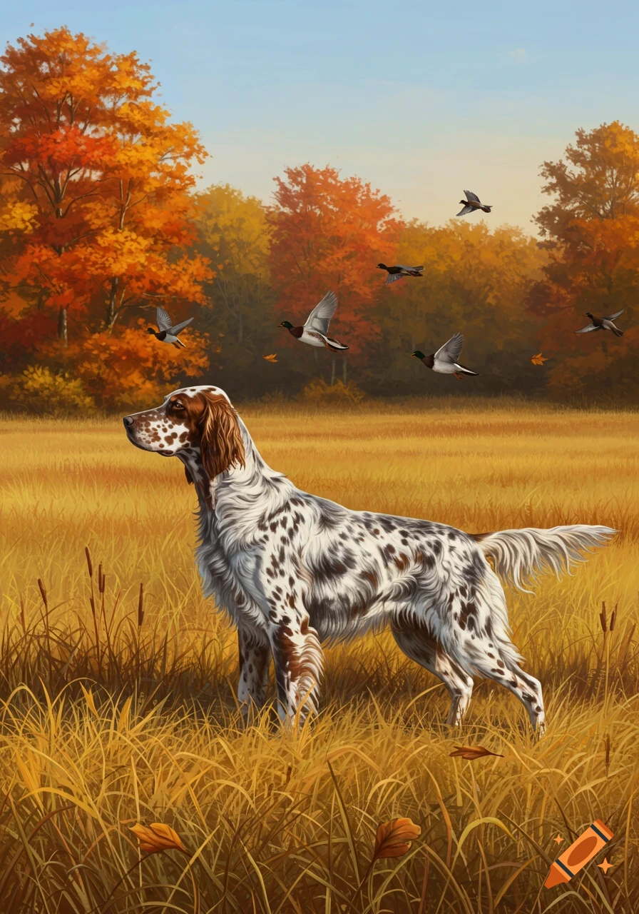 An English Setter dog standing in a golden field with autumn trees and flying ducks in the background.