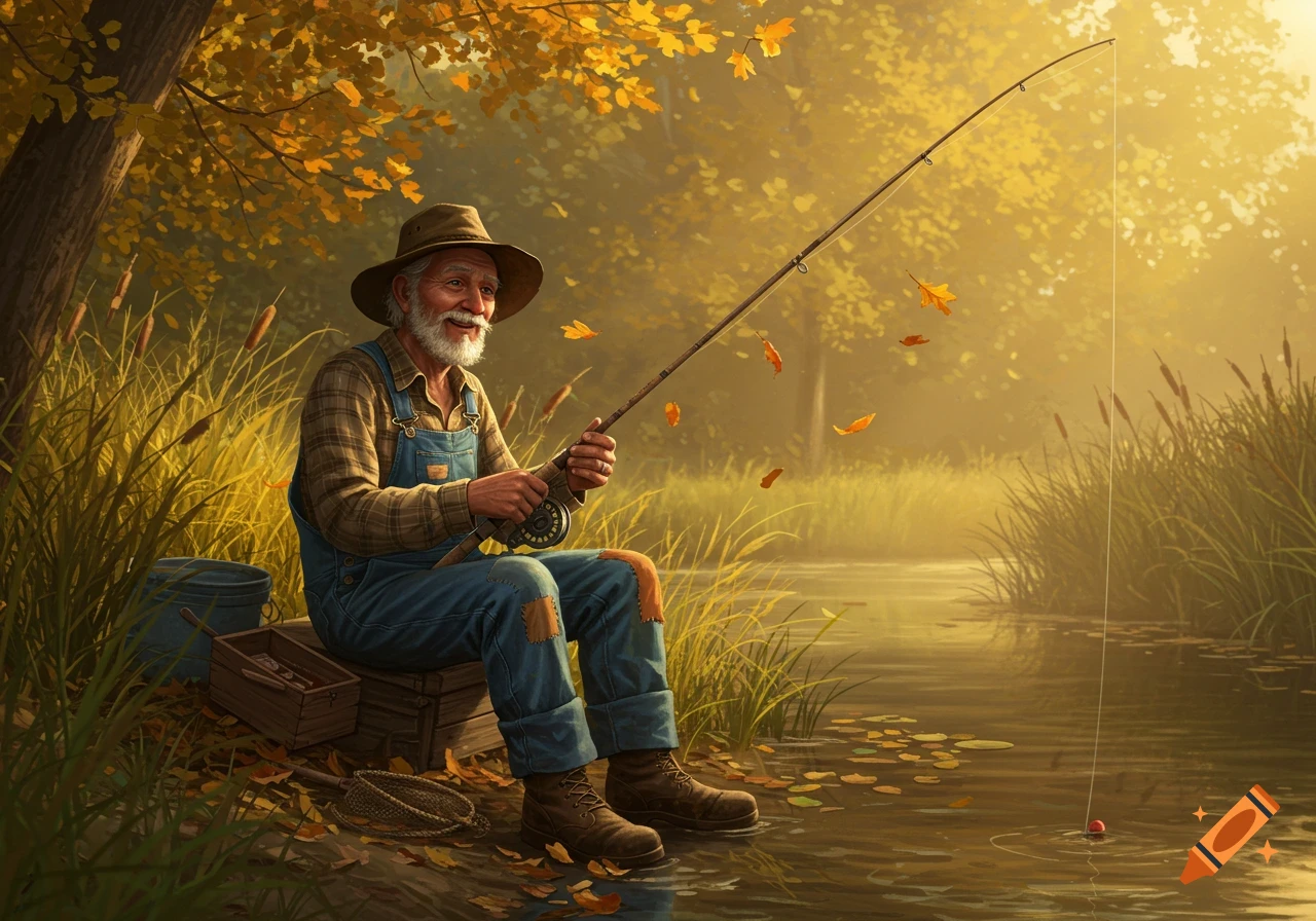 An old man with a beard and hat sits on a crate fishing in a river, surrounded by autumn trees and golden light.