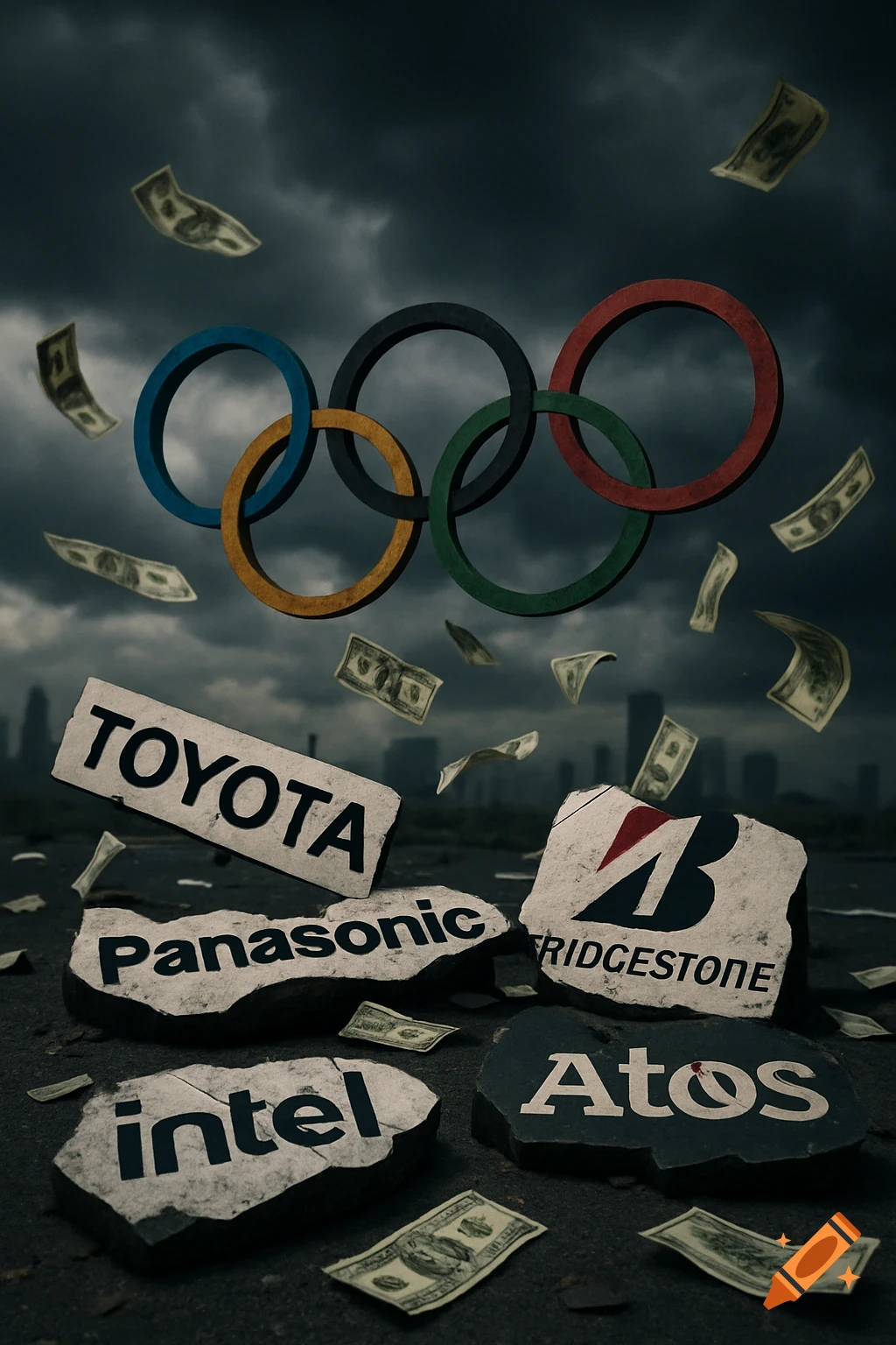 Olympic rings above broken sponsor logos (Toyota, Panasonic, Intel, Bridgestone, Atos) and falling money under a stormy sky.