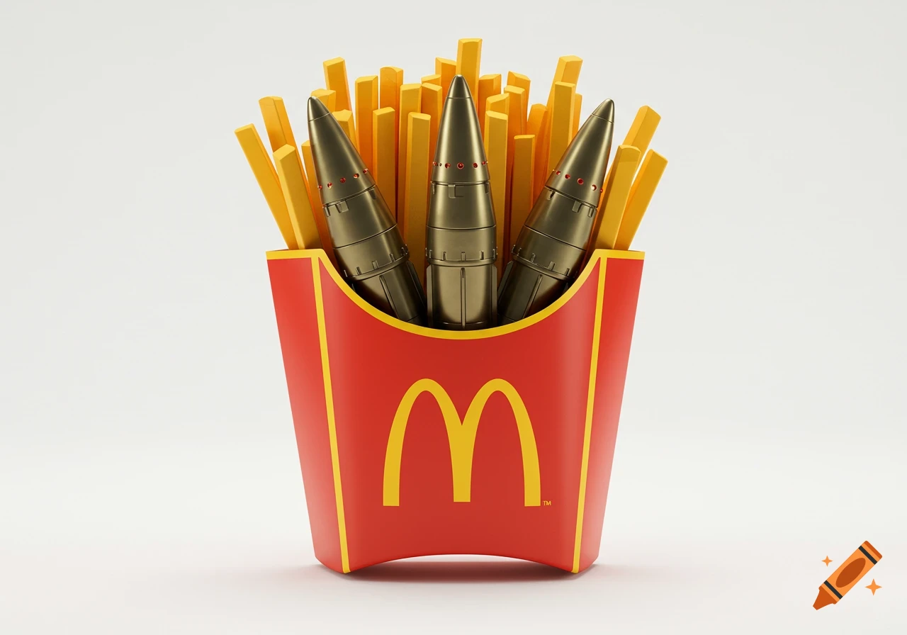 A McDonald's french fry box filled with golden fries and three large, dark grey missiles instead of fries, against a white background.