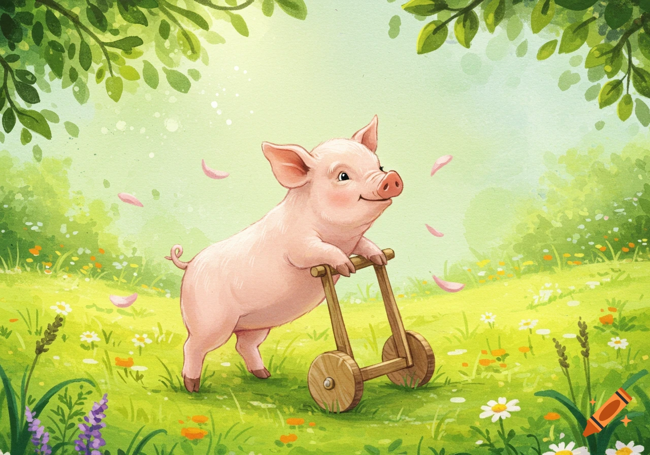 A cute pig in a watercolor illustration style pushes a wooden walking frame through a sunny, green meadow filled with wildflowers and falling pink petals.