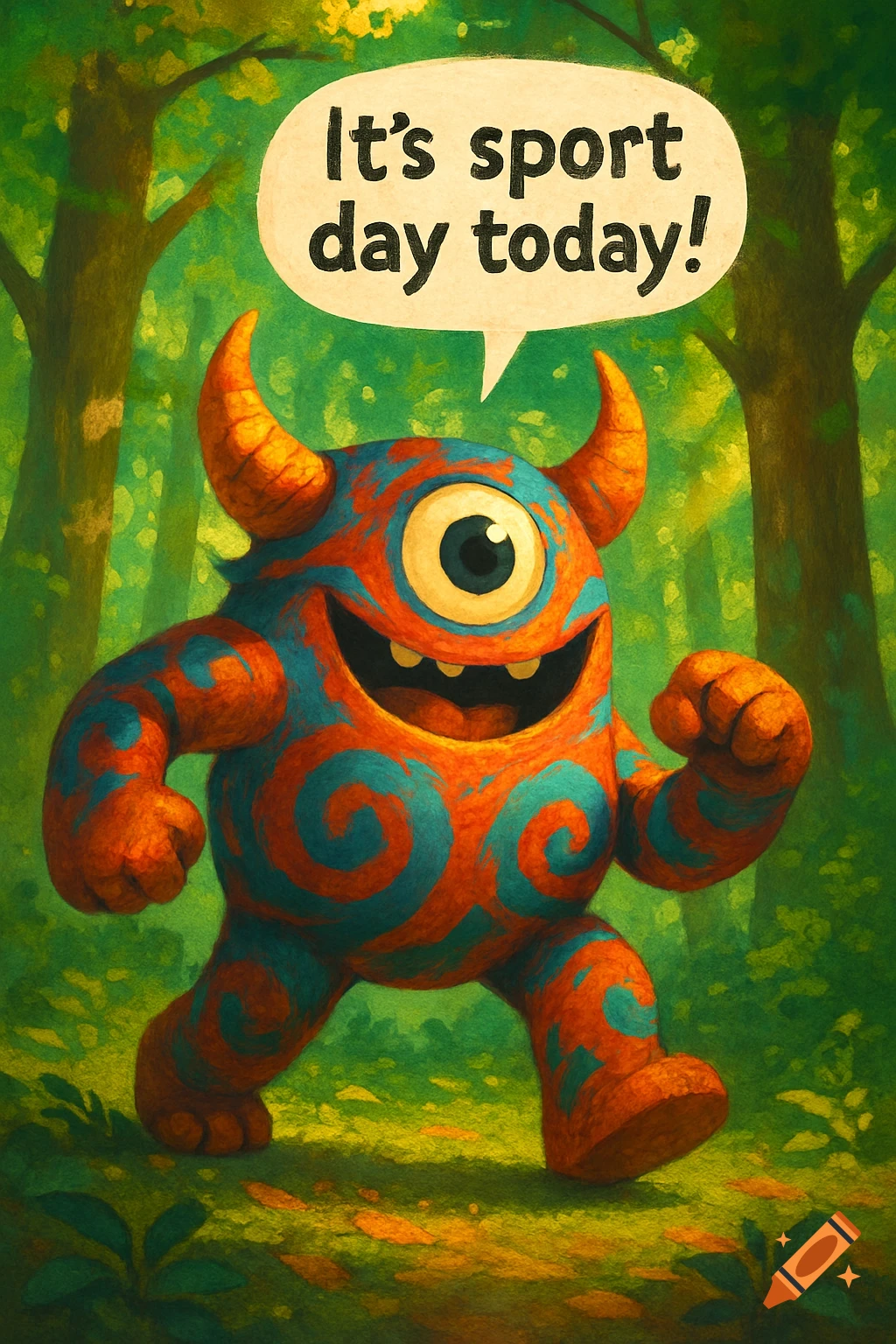 A cartoon monster with one eye, orange horns, and red and blue patterns walks in a forest, saying 'It's sport day today!'