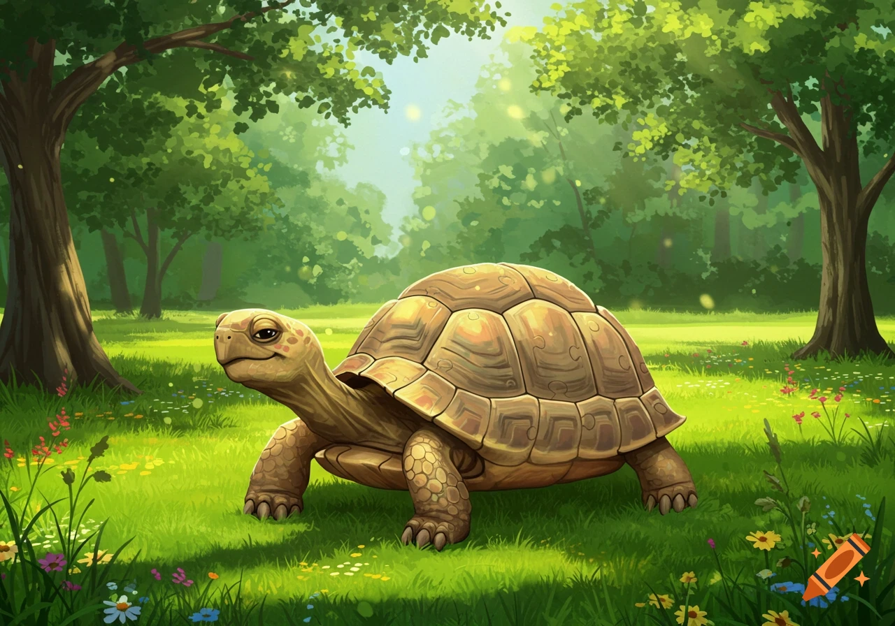 A smiling cartoon turtle with a puzzle shell walks through a lush green park with trees and wildflowers.