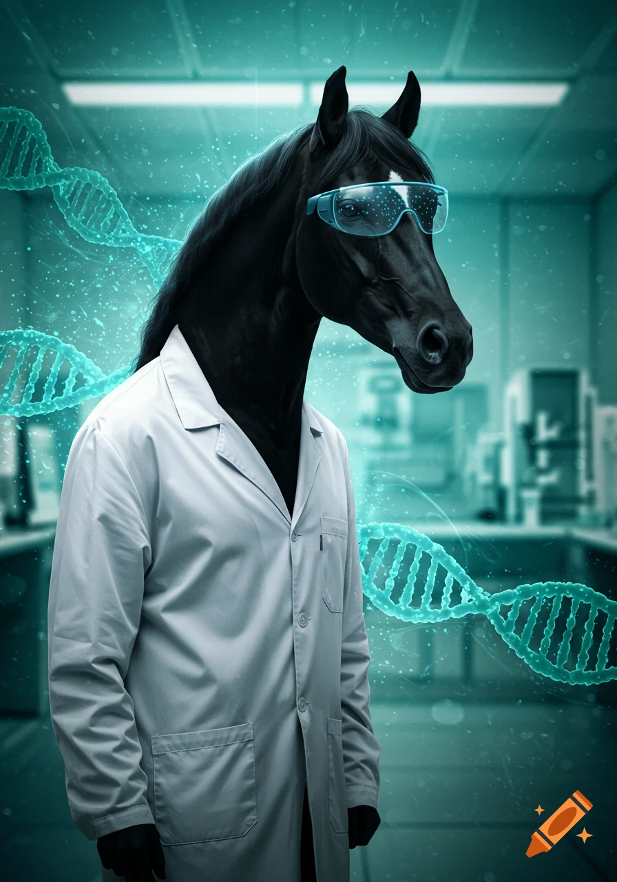 A black horse in a white lab coat and blue safety glasses stands in a blurred laboratory with glowing DNA strands.