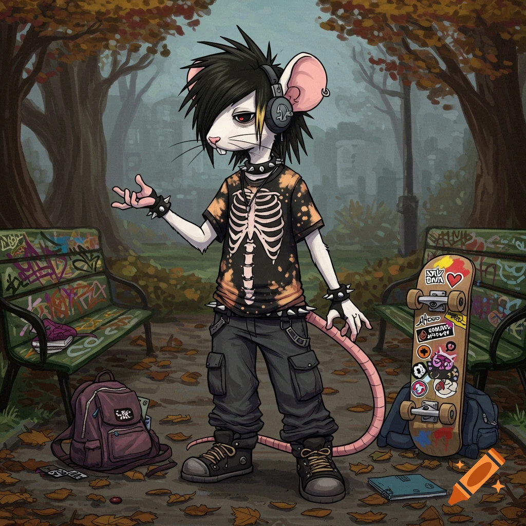 An anthropomorphic emo mouse with black spiked hair and a skeleton shirt stands in a park with graffiti-covered benches and a skateboard.
