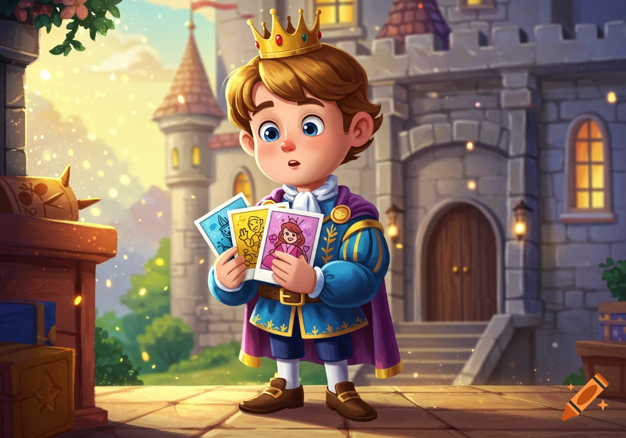 A whimsical cartoon prince stands outside a grand stone castle at sunset, holding three small printed photos.