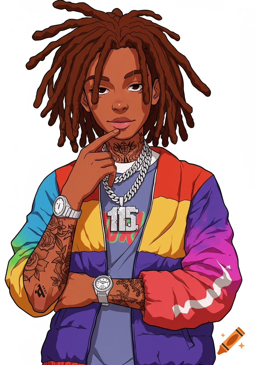 Cartoon portrait of a dark-skinned boy with dreadlocks, tattoos, colorful streetwear jacket, and diamond chain.
