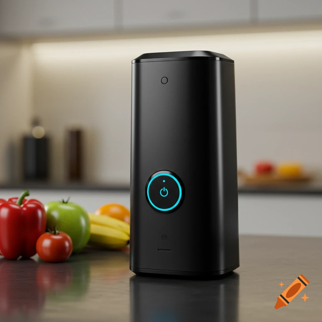 Black portable blender with a glowing blue power button on a kitchen counter next to red peppers, apples, and bananas, photorealistic.