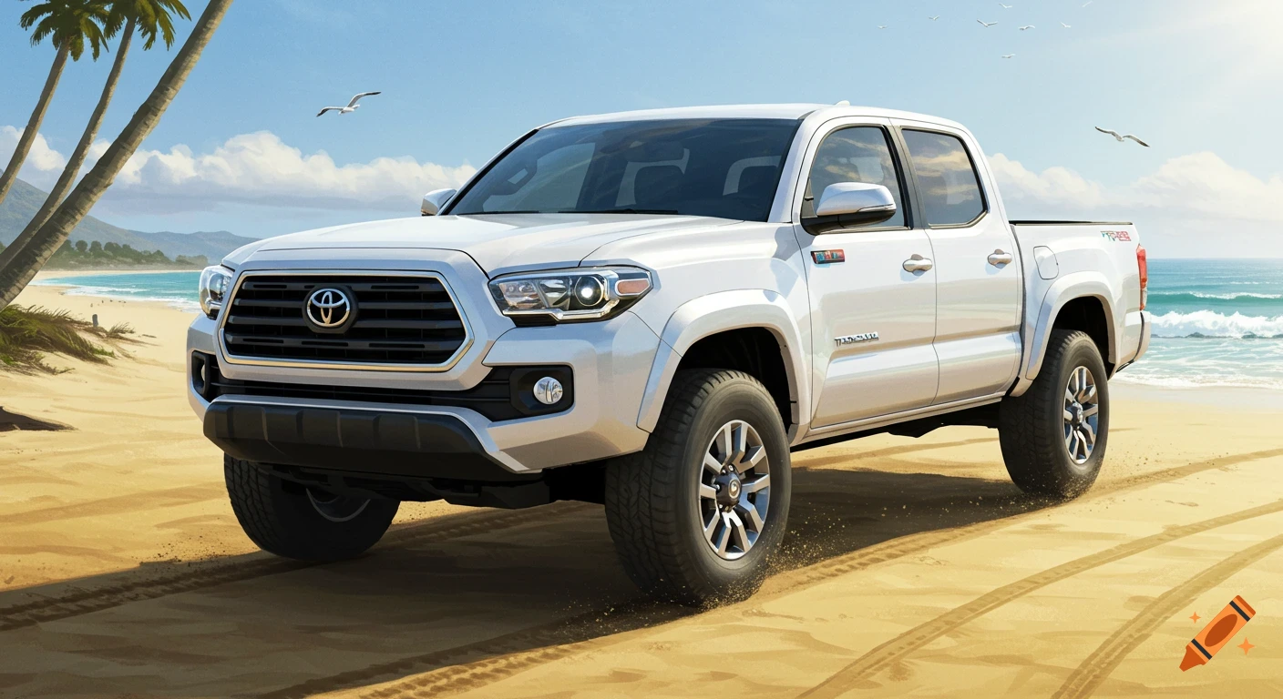 A white Toyota Tacoma pickup truck is parked on a sandy beach with palm trees and ocean waves in the background.