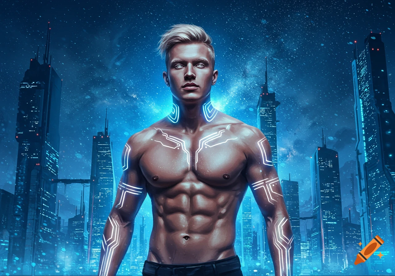 A muscular man with blonde hair and glowing circuit patterns stands in a futuristic cyberpunk city at night under a starry blue sky.