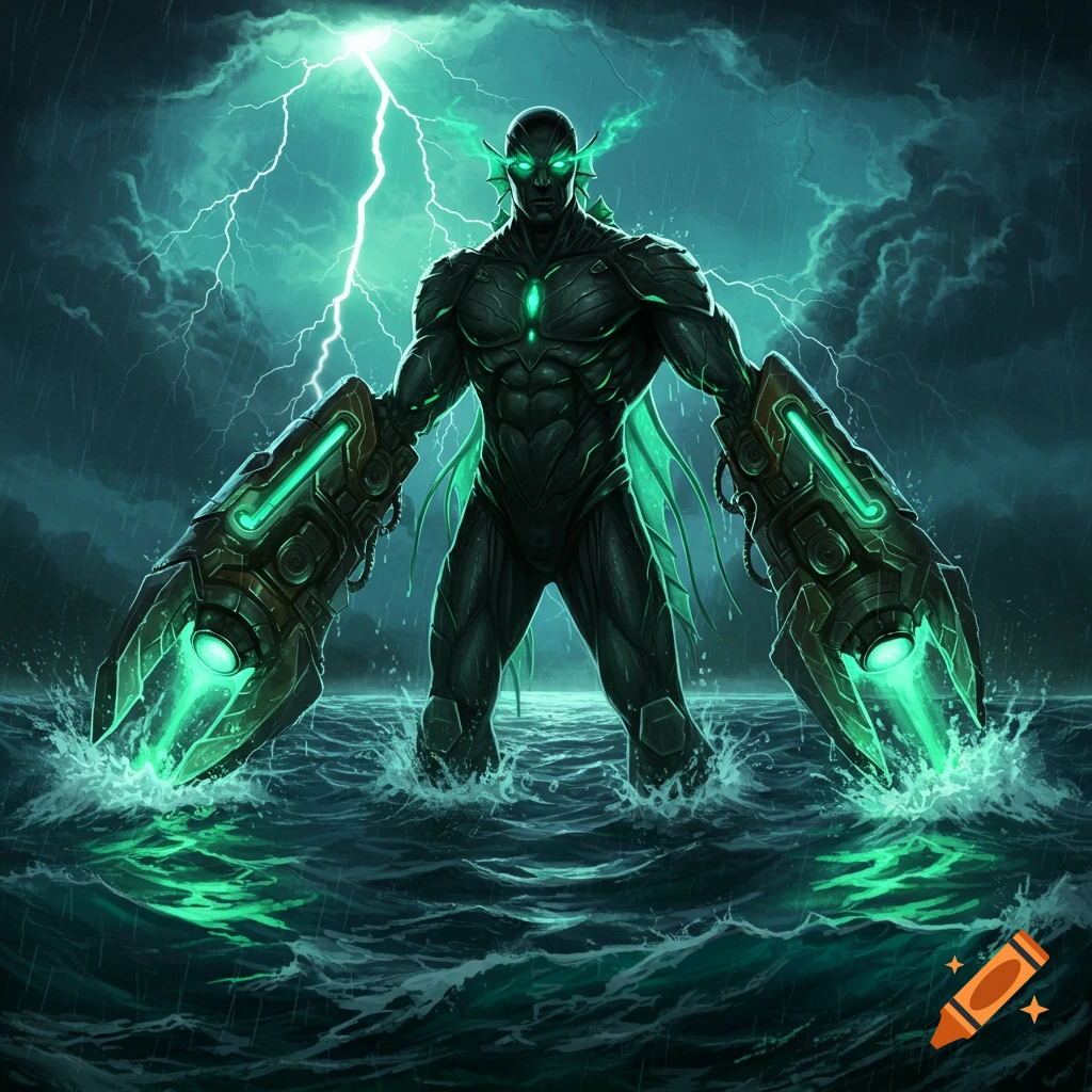A menacing, dark armored supervillain with glowing green eyes and large arm weapons stands in stormy green water under a lightning-filled sky.