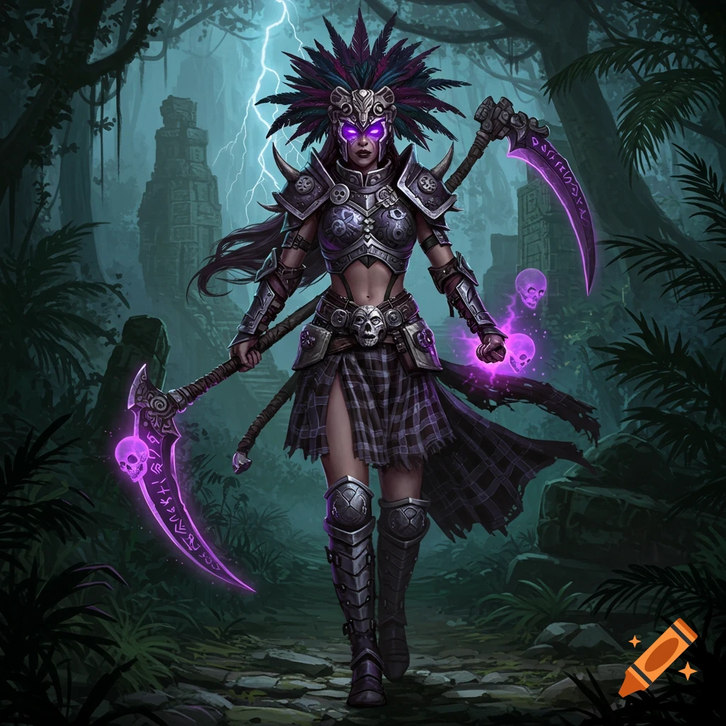 A dark fantasy female warrior with glowing purple eyes and ornate armor holds two glowing purple scythes with runes, standing in a jungle ruin.