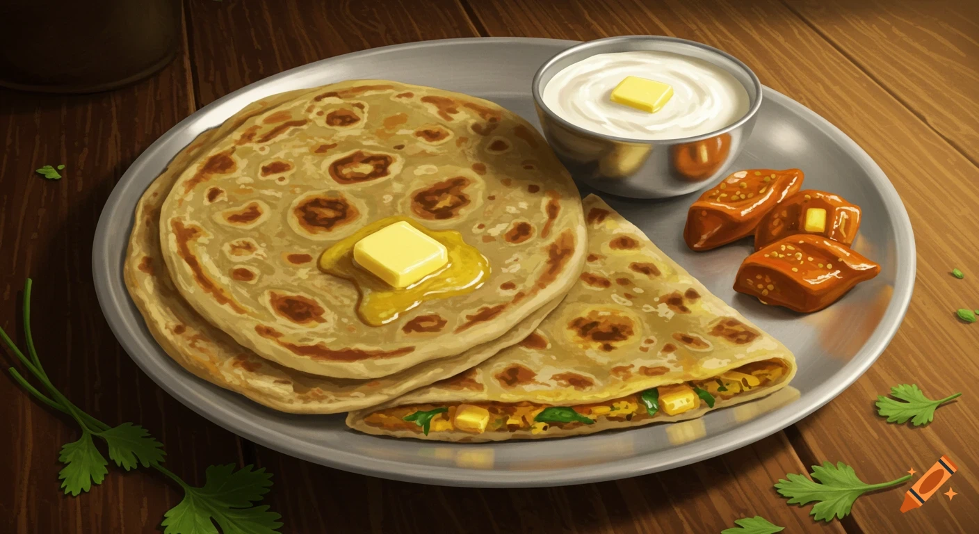 Illustrative image of paneer parathas with butter, curd, and pickles on a plate, on a wooden table.