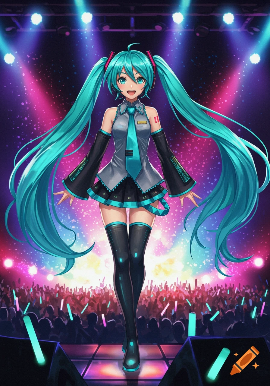 Hatsune Miku, an anime character with long turquoise pigtails, smiles on a stage bathed in pink and blue spotlights, with a silhouetted crowd in the background.