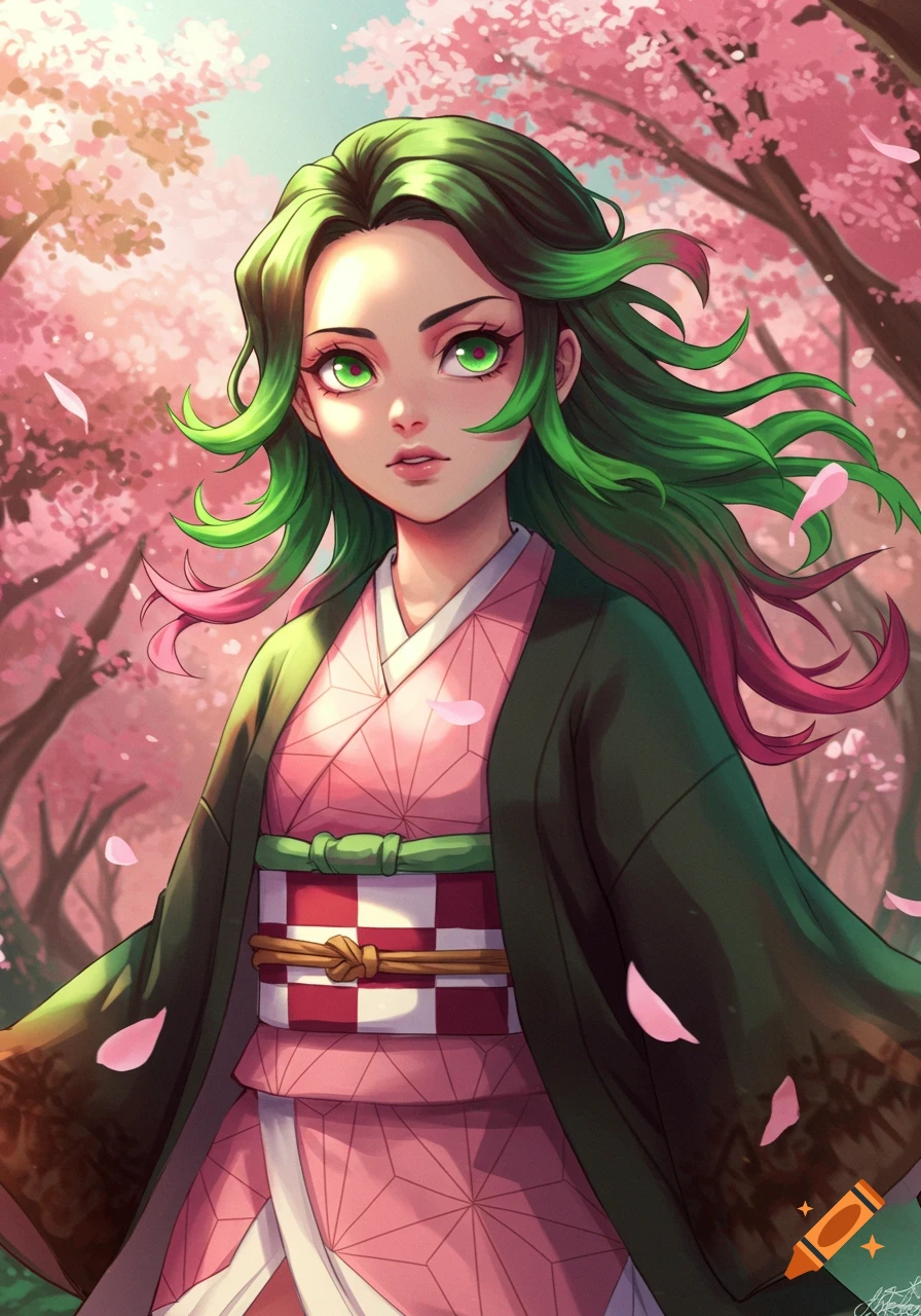 An anime girl with vibrant green and pink hair, wearing a traditional pink kimono and a dark green haori, stands among cherry blossom trees with falling petals.