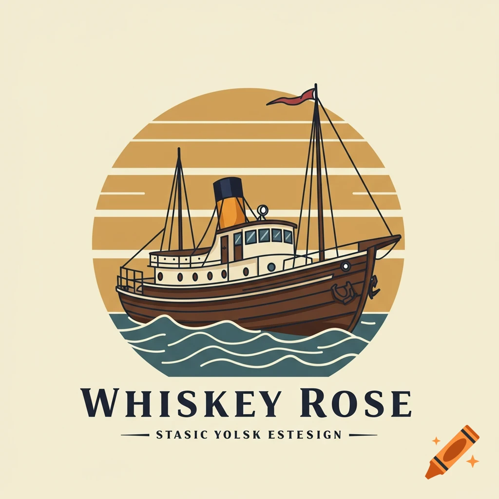 Stylized logo of a brown and cream boat on blue waves, against a striped sun, with 'Whiskey Rose' text.
