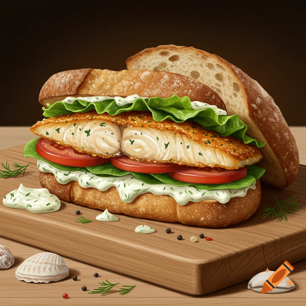 A large fish sandwich with lettuce, tomatoes, and creamy sauce on a rustic roll, served on a wooden cutting board with seashells.