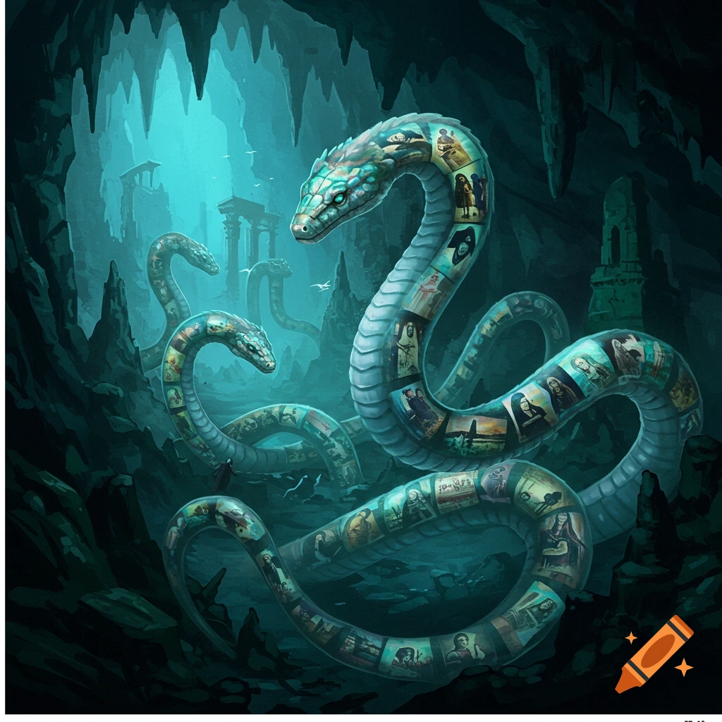 Large, luminous serpents covered in small, shifting images of memories in a dark, ancient cave with ruins.