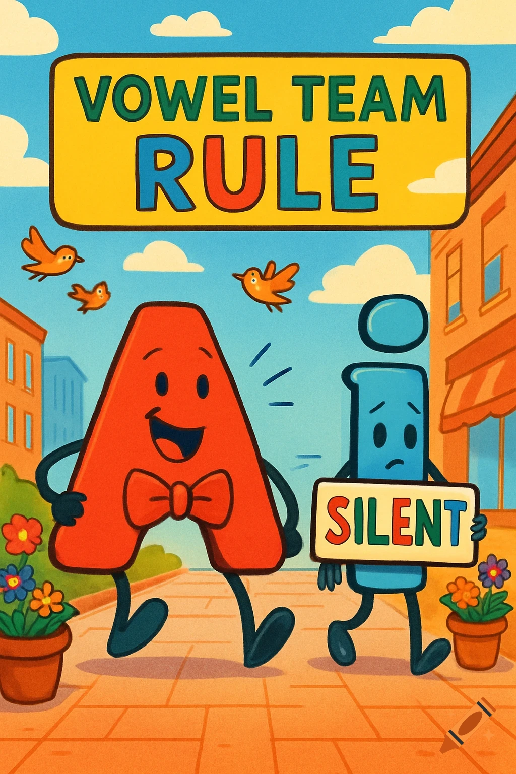 Cartoon 'A' and 'i' walking on a sidewalk with 'VOWEL TEAM RULE' sign. 'A' is happy, 'i' is sad holding 'SILENT' sign.
