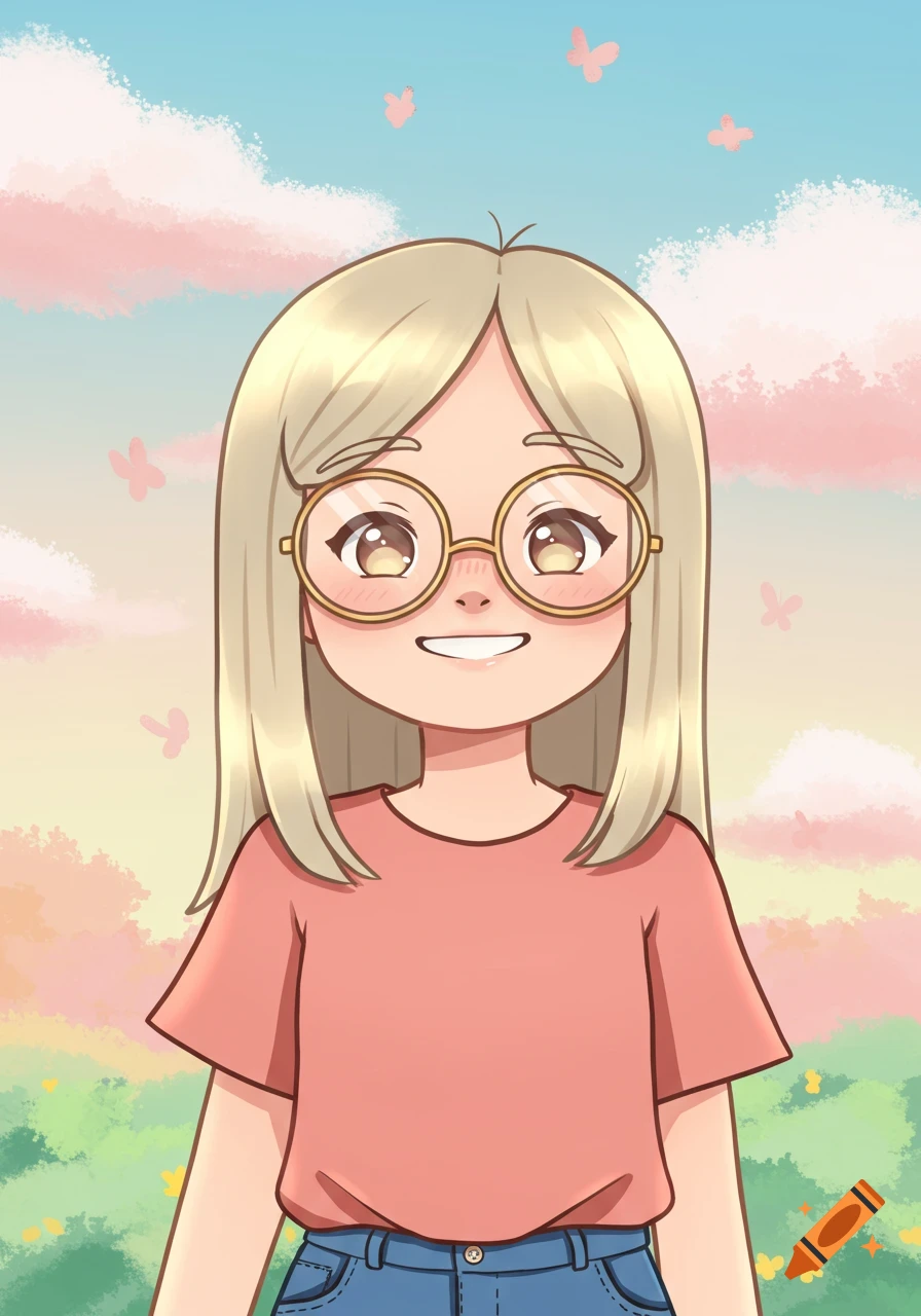 A smiling cartoon girl with blonde hair and round glasses stands in a field under a pastel sky with butterflies.