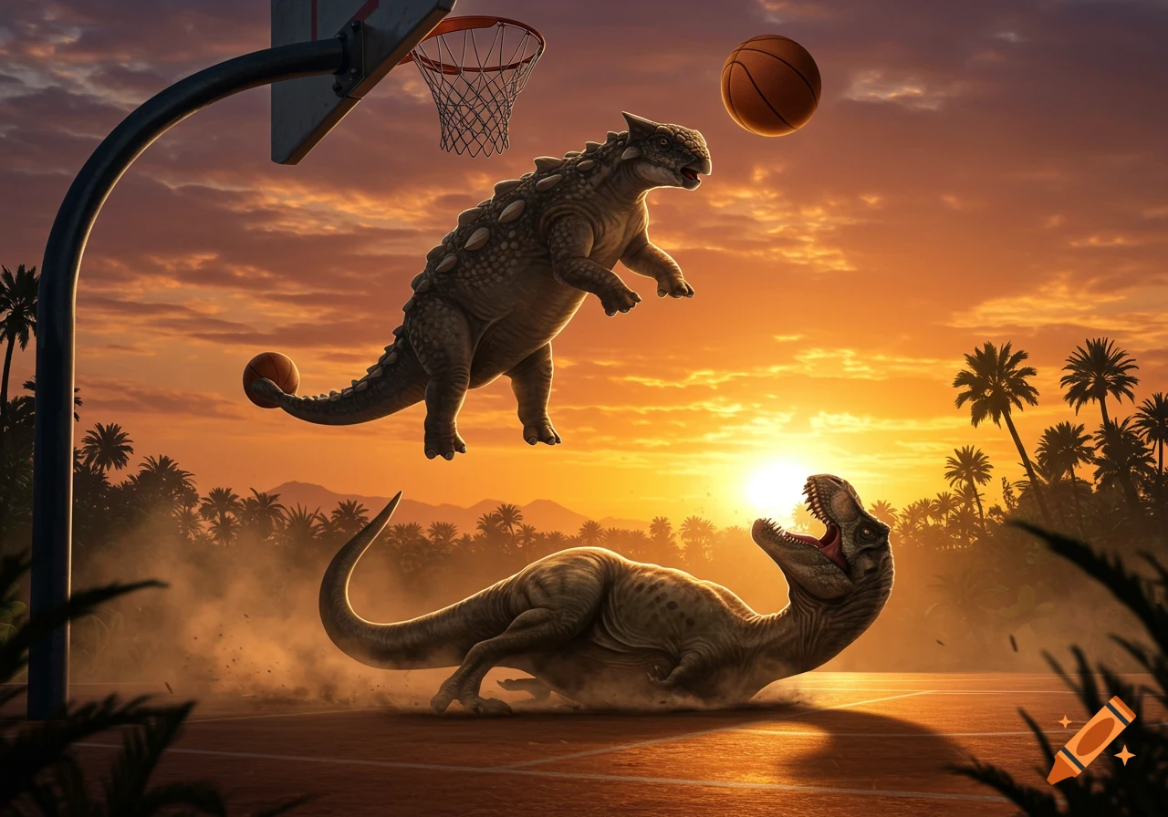 An Ankylosaurus jumps to dunk a basketball into a hoop as a T-Rex falls on a court at sunset.