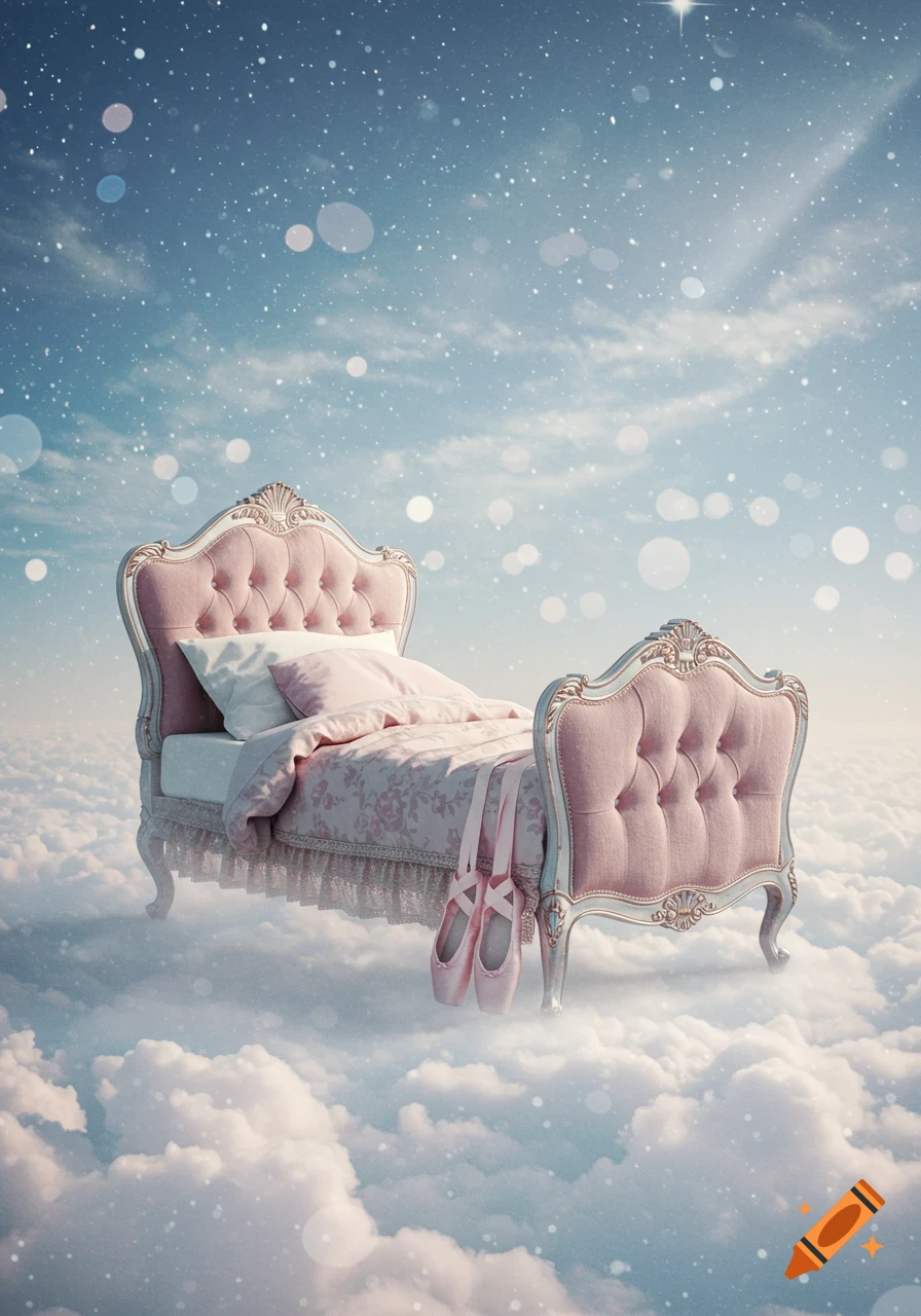 A luxurious pink bed with ballet pointe shoes draped over its side, floats in a dreamy sky filled with fluffy white clouds and sparkling lights.