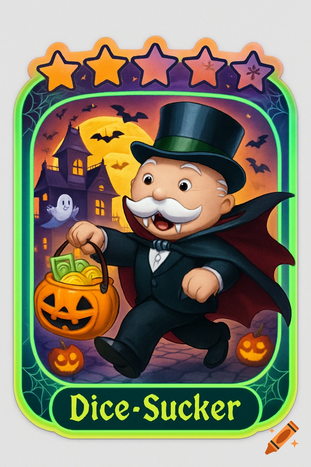 A Halloween-themed sticker of Mr. Monopoly dressed as a vampire, holding a pumpkin pail, with a haunted house background. Text reads 'Dice-Sucker'.