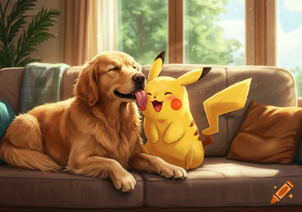 A golden retriever licks a happy Pikachu's face while on a couch in a sunlit living room, digital art style.