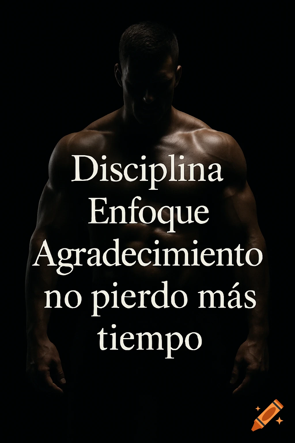 A dark, dramatic portrait of a muscular man with his face in shadow, featuring motivational Spanish text: "Disciplina, Enfocue, Agradecimiento, no pierdo m s tiempo."