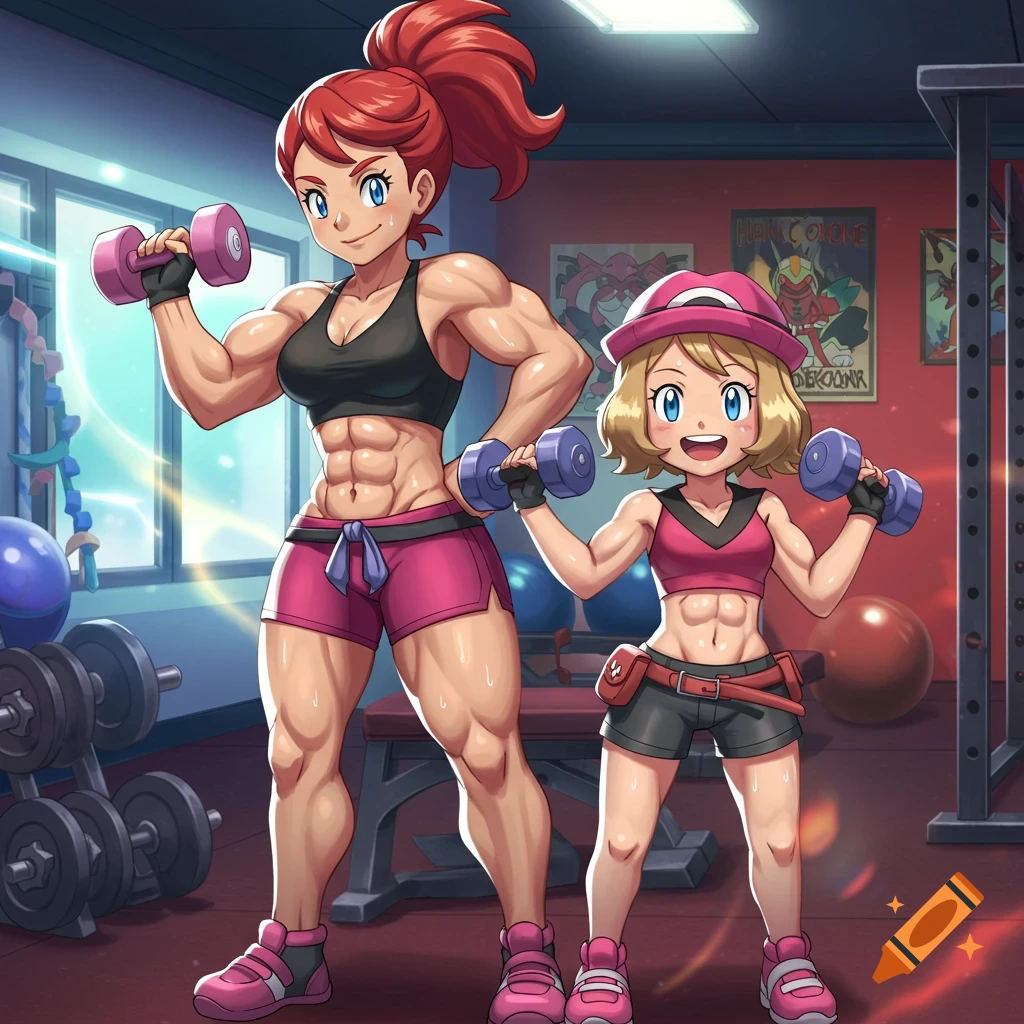 An anime woman and girl, both muscular, pose with dumbbells in a gym.