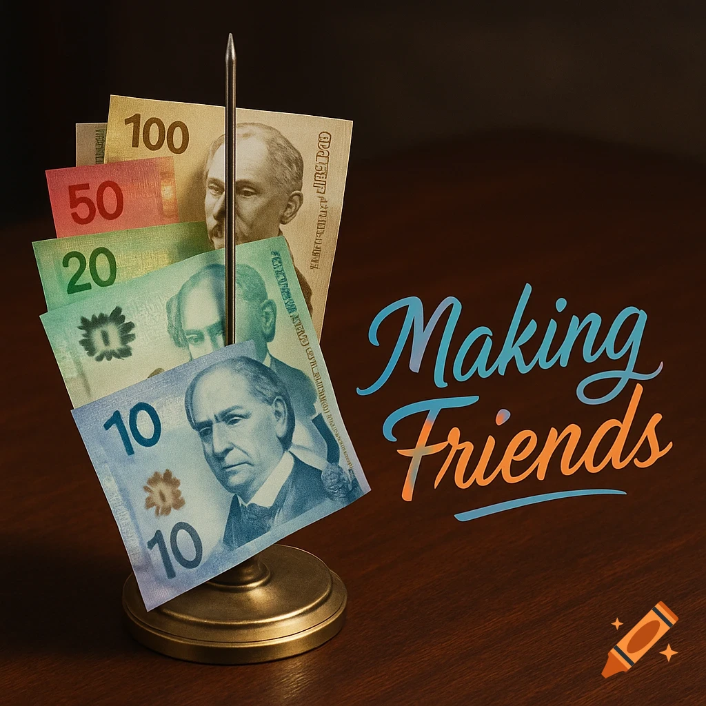 Colorful currency bills of 10, 20, 50, and 100 denominations are spiked on a golden restaurant bill holder. The words "Making Friends" are written in a stylish gradient font on the right, against a dark wooden table background.