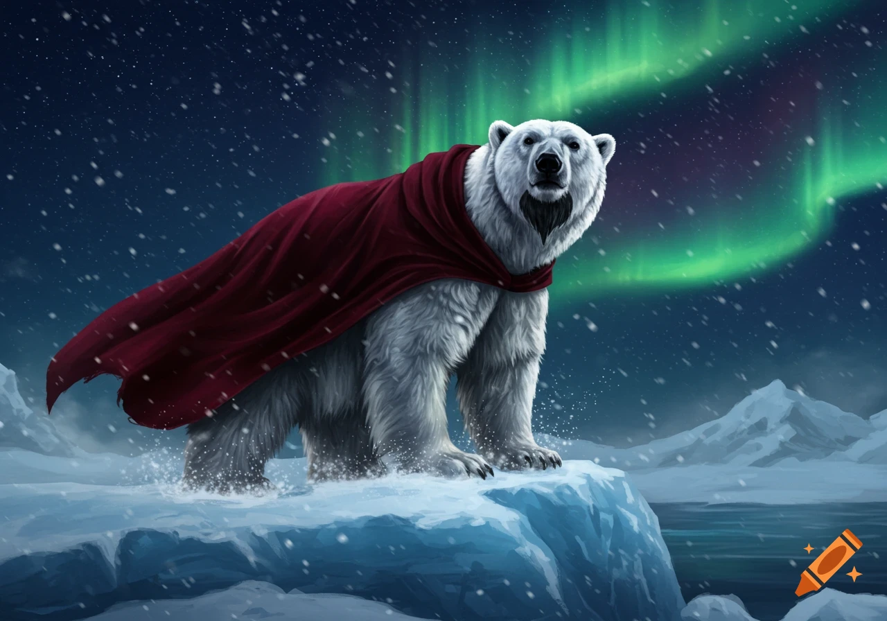 A majestic polar bear wearing a red cape stands on an icy cliff under a starry, snowy sky with green aurora.