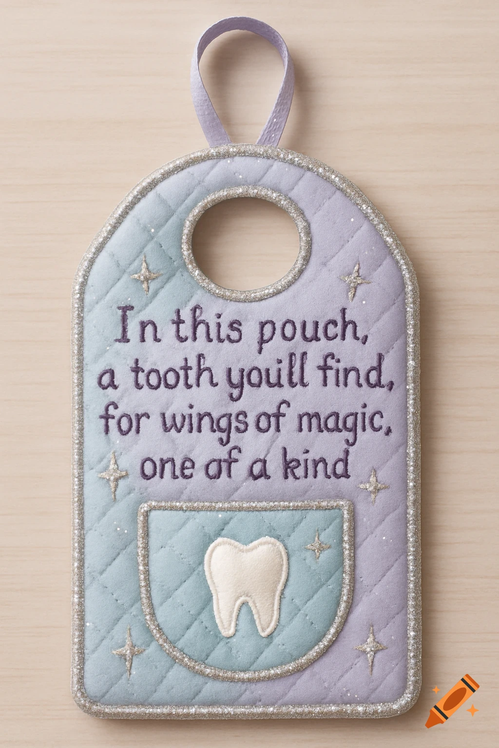 A quilted tooth fairy door hanger in light blue and purple with a glitter border, embroidered rhyme, and felt tooth pocket.