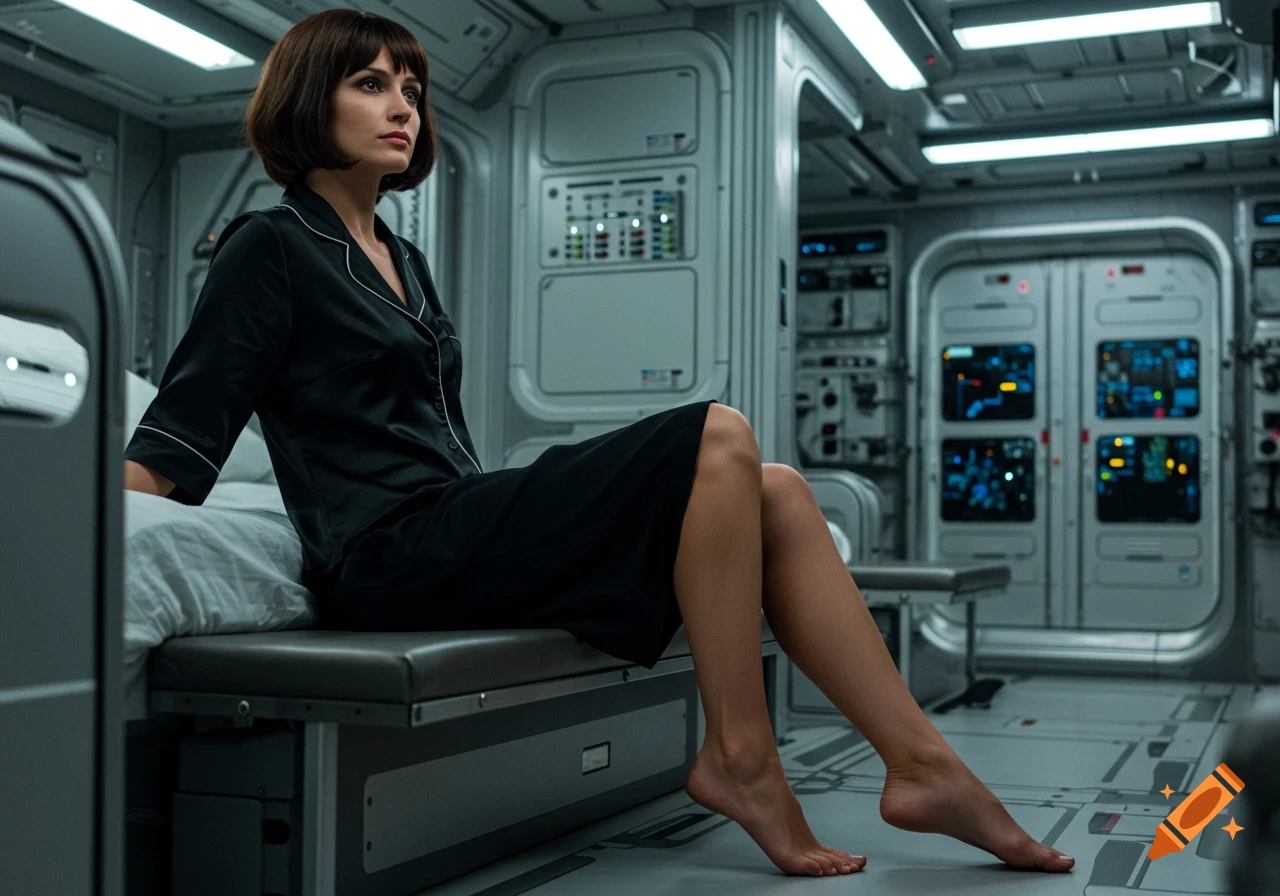 A brunette woman in black silk nightwear sits barefoot on a bench in a futuristic space station sleep chamber, looking intensely.