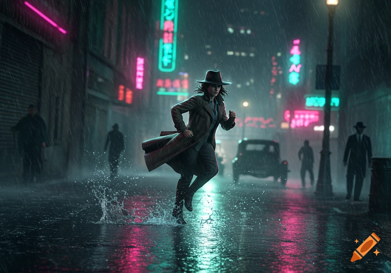 A detective in a trench coat and hat runs through a neon-lit, rainy city street at night, splashing water.