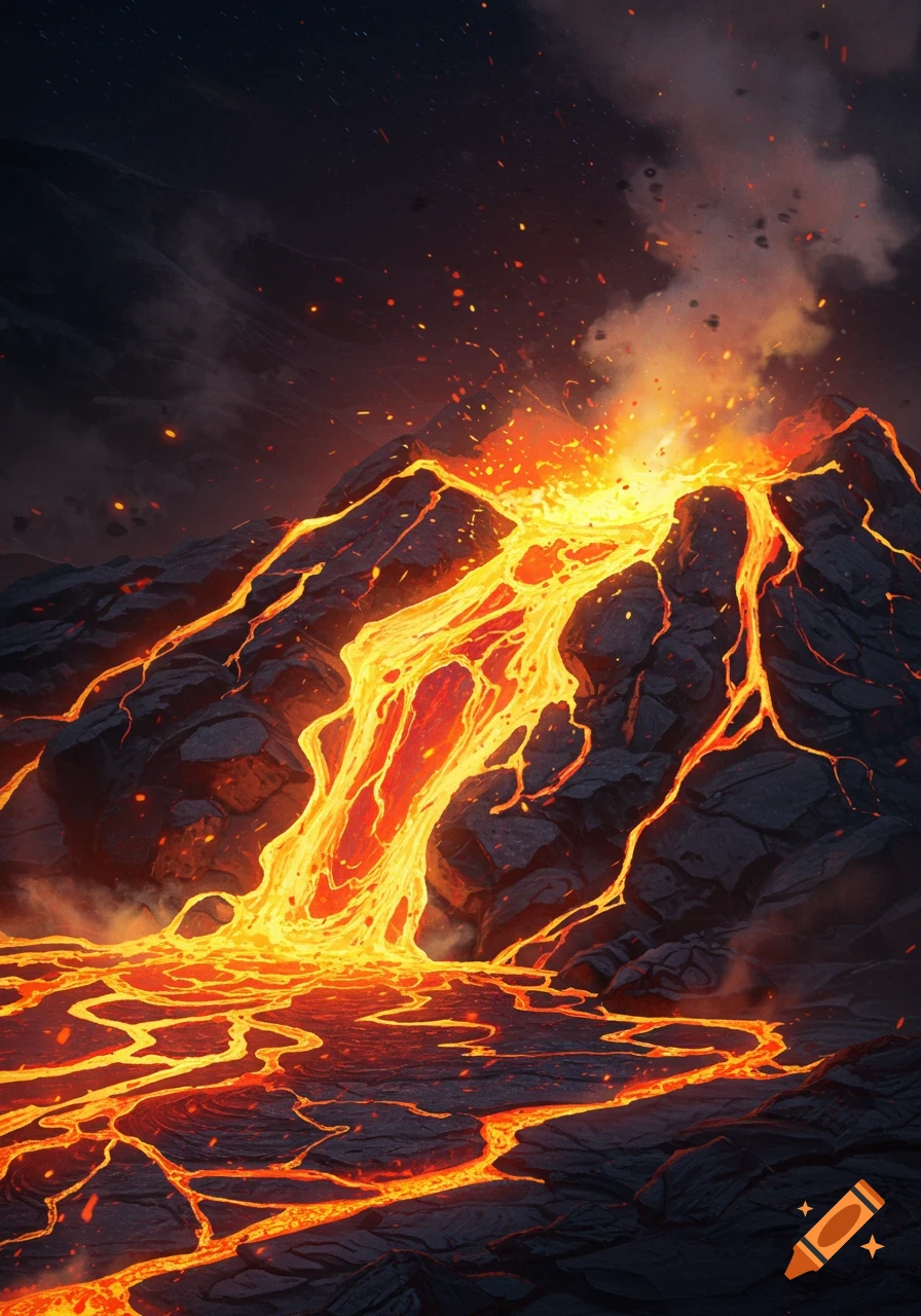 A dramatic volcanic eruption with bright orange and yellow lava flowing down dark rock, with smoke and embers rising into the night sky.