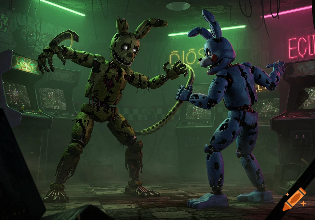 Springtrap and Bonnie, damaged animatronics, fighting in a dark arcade with neon signs.